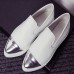 Women Ladies Flats Vintage PU Leather Loafers Pointed Toe Silver Metal Design