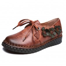 Genuine Leather Lace Up Soft Sole Flowers Flat Loafers