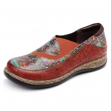 SOCOFY Round Toe Splicing Printing Pattern Genuine Leather Flats Shoes