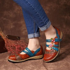 SOCOFY Hook Loop Genuine Leather Pattern Flat Sandals