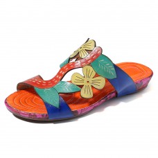 SOCOFY Handmade Flowers Comfy Leather Flat Sandals