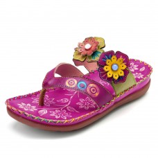 SOCOFY Genuine Leather Flowers  Clip Toe Casual Sandals