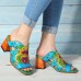 SOCOFY Handmade Printing Genuine Leather Slip On Heeled Sandals