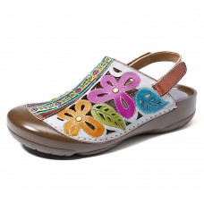 SOCOFY Hand Floral Hollow Hook Loop Genuine Leather Sandals