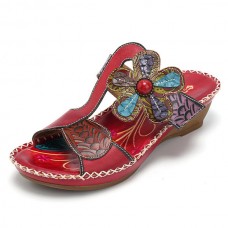 SOCOFY Bohemian Leather Hook Loop Handmade Flowers Sandals