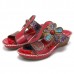 SOCOFY Bohemian Leather Hook Loop Handmade Flowers Sandals