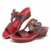 SOCOFY Bohemian Leather Hook Loop Handmade Flowers Sandals