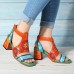 SOCOFY Pattern Hollow out Chunky Heel Hook Loop Leather Sandals