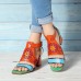 SOCOFY Pattern Hollow out Chunky Heel Hook Loop Leather Sandals