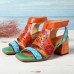 SOCOFY Pattern Hollow out Chunky Heel Hook Loop Leather Sandals