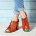 SOCOFY Handmade Floral Pattern Hollow Genuine Leather Heeled Sandals