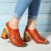 SOCOFY Handmade Floral Pattern Hollow Genuine Leather Heeled Sandals