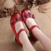 SOCOFY Retro Flower Pattern Leather Mid Heel Hook Loop Pumps