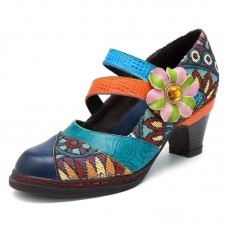 SOCOFY Stitching Bohemian Pattern Hook Loop Pumps