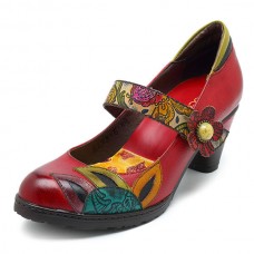 SOCOFY Vintage Printing Pattern Mid Heel Hook Loop Shoe Leather Pumps