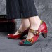 SOCOFY Vintage Printing Pattern Mid Heel Hook Loop Shoe Leather Pumps