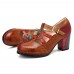 SOCOFY Vintage Hollow Out Chunky Heel Leather Pumps