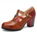 SOCOFY Vintage Hollow Out Chunky Heel Leather Pumps