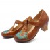 SOCOFY Vintage Pattern Round Toe Hook Loop Genuine Leather Pumps