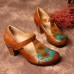 SOCOFY Vintage Pattern Round Toe Hook Loop Genuine Leather Pumps