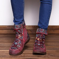 SOCOFY Genuine Leather Splicing Jacquard Pattern Zipper Ankle Boots