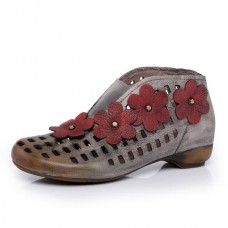 SOCOFY Genuine Leather Floral Handmade Hollow Out Retro Boots