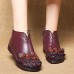 Retro Round Toe Flowers Pattern Leather Ankle Boots