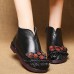 Retro Round Toe Flowers Pattern Leather Ankle Boots