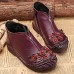 Retro Round Toe Flowers Pattern Leather Ankle Boots