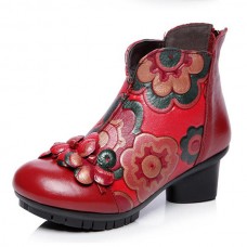 SOCOFY Retro Chinese Pattern Zipper Ankle Mid Heel Leather Boots