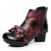 SOCOFY Retro Chinese Pattern Zipper Ankle Mid Heel Leather Boots