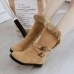 Large Size Buckle Furry Faux Fur Lining Flats Suede Mid-calf Boots