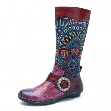 SOCOFY Retro Jacquard Stitching Buckle Flat Leather Mid Calf Boots