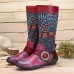 SOCOFY Retro Jacquard Stitching Buckle Flat Leather Mid Calf Boots