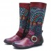 SOCOFY Retro Jacquard Stitching Buckle Flat Leather Mid Calf Boots