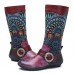 SOCOFY Retro Jacquard Stitching Buckle Flat Leather Mid Calf Boots