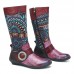 SOCOFY Retro Jacquard Stitching Buckle Flat Leather Mid Calf Boots