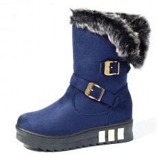 Women Winter Buckle Fur Lining Flat Mid Calf Snow Boots