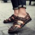 Menico Men Breathable Hollow Outs Hook Loop Genuine Leather Sandals