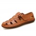 Large Size Men Soft Cow Leather Hand Stitching Hook Loop Sandals