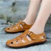 Large Size Men Soft Cow Leather Hand Stitching Hook Loop Sandals