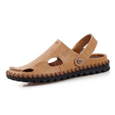 Men Summer Leather Sandal Casual Round Toe Outdoor Flat Fashion Soft Beach Slipper