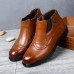 Men Brogue Carved Side Zipper Microfiber Ankle Boots