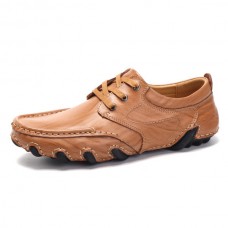 Men Comfy Casual Hand Stitching Genuine Leather Lace Up Flat Oxfords